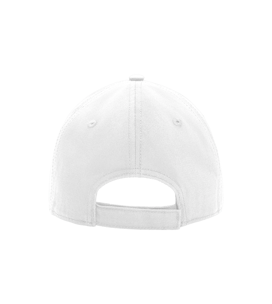Back view of a white adjustable baseball cap with strap closure on black background